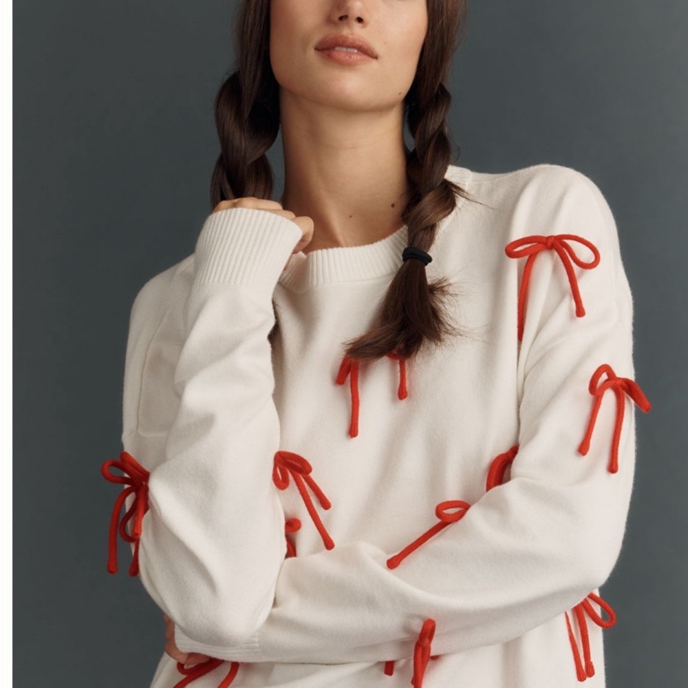 Anthropologie Beach Riot Callie Festive Crew-Neck Sweater. Red Bows